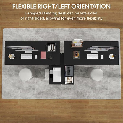 FLEXISPOT 63'' L Shaped Reversible Standing Desk with Drawers and Shelves, Large Corner Stand Up Executive Desk for Home Office, Black Top+ Black Frame