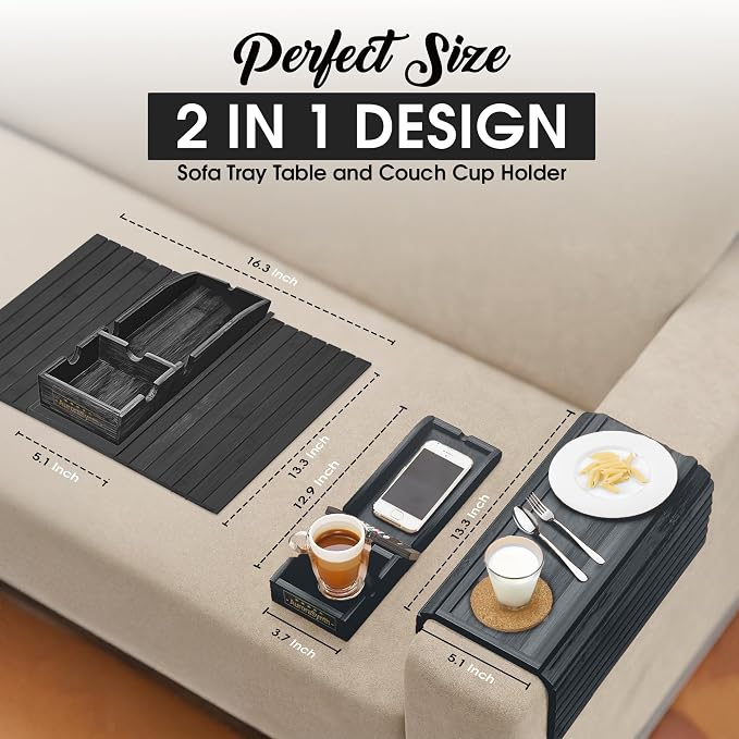 Couch Cup Holder Tray with 2 Cork Coasters, Couch Arm Tray, 2 in 1 Anti-Slip Foldable Sofa Arm Tray, Couch Armrest Table, Anti-Spill Couch Arm Table for Drinks TV Remote Cellphone Snacks (Black)