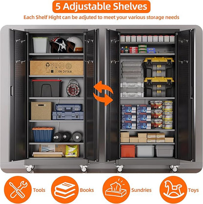 SUXXAN Garage Storage Cabinet with Wheels Pegboard and 5 Adjustable Shelves, 71'' x 32'' x 16''Metal Lockable Cabinet with Magnetic Doors,Tool Storage,Home Office Garage,Gym,School (Black)