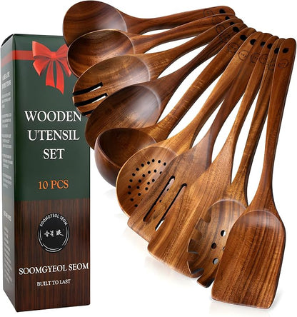 SOOMGYEOL SEOM 10-Piece Teak Wood Cooking Utensil Set | Wooden Spoons and Spatulas, Nonstick Safe, Heat Resistant, Ergonomic Handles