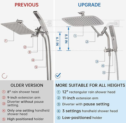 G-Promise All Metal 12 Inch Shower Head with Massage Mode Handheld, Rain Shower Head with Handheld Spray Combo, 3-Way Diverter with Pause Setting, 11 Inch Adjustable Extension Arm (Brushed Nickel)