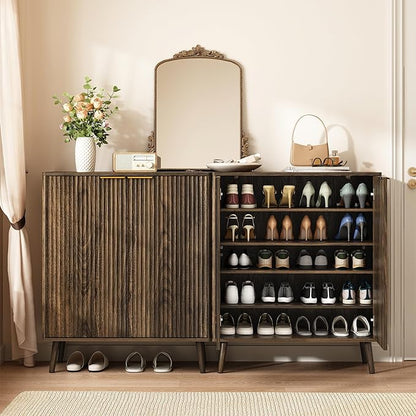 Fluted Shoe Cabinet with Doors Set of 2, 5-Tier Shoe Storage Cabinet with Adjustable Shelves, Wooden Freestanding Shoe Organizer Shoe Cabinet for Entryway,Hallway,Living Room, Walnut