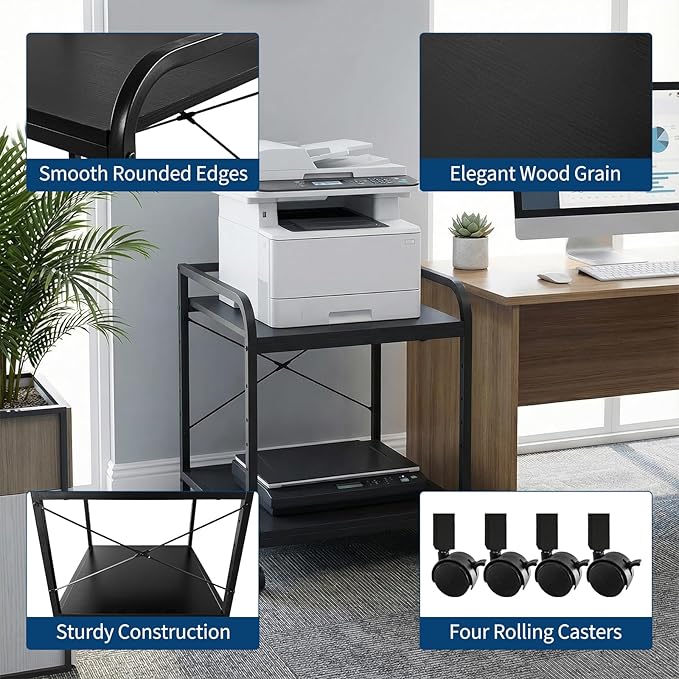Garvee Under Desk Printer Stand, 2 Tier Printer Stand with Height Adjustable Storage Shelf, 20" Deep Large Rolling Printer Cart with Wheels for Home Office, Black