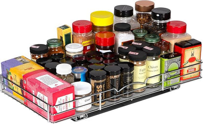 Pull-Out Cabinet Spice Rack Organizer - Slim Slide-Out Storage for Spices, Bottles & Jars, Premium Heavy-Duty Steel, Easy Install for Narrow Kitchen Cabinets - 20 ⅜ W x 10 ½ D x 2 ¾ H, Chrome