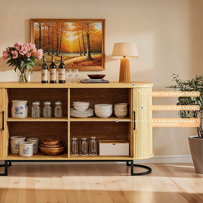 54.3" Sideboard Buffet Cabinet with Storage, Buffet Cabinet with Sliding Door & Adjustable Shelf, Modern Sideboard Cabinets for Kitchen, Living Room, Entryway, Oak