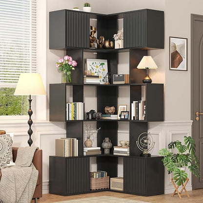 Semoic 71 inch Corner Bookshelf, 5 Tier Storage Bookcase, L-Shaped Cube Bookshelf, Wood Modern Book Shelf Organizer for Living Room/Home Office/Bedroom Display Unit, Black