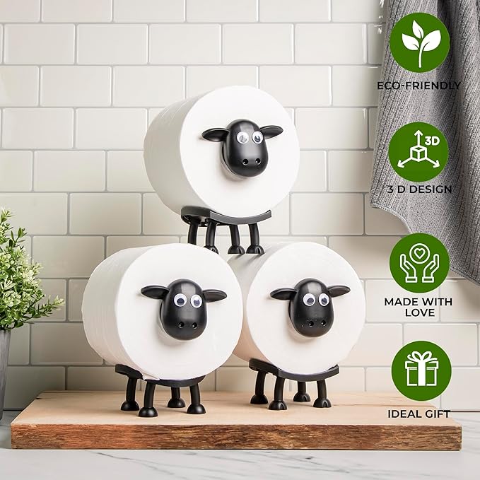 VELENTI Sheep Toilet Roll Holder - Funny Toilet Paper Holders Free Standing Cute Bathroom Decor - Premium 3D Printed Black Sheep Loo Rolls Holder - Hilarious Tissue Paper Roll Storage - Set of 3