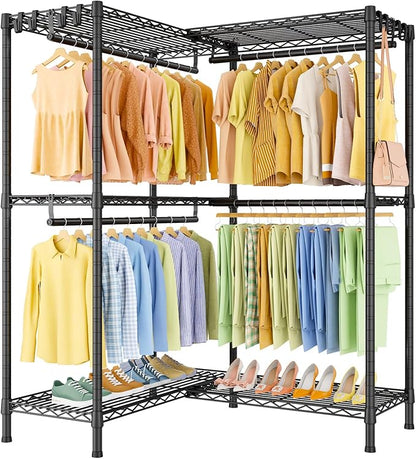 E15 Garment Rack L Shaped Clothes Rack for Corner，Freestanding Clothing Racks for Hanging Clothes，Heavy Duty Closet Organizer with 4 Hanging Rods & 8 S Hooks，43.4" W x 15.8" D x 78.4" H，Black