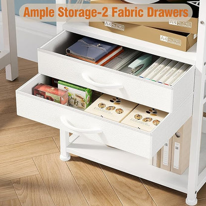 VENNQD Large Printer Stand with Storage Fabric Drawer Under Desk Printer Table with Wheels for Home Office, Printer Cart fit Fax Machine Scanner (White, 3 Tiers)