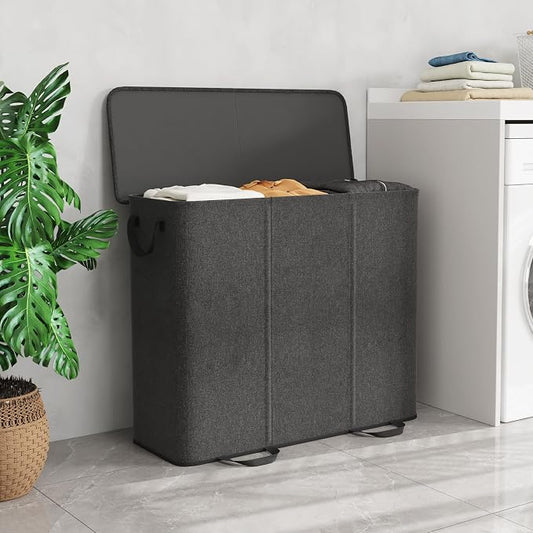 Lifewit Triple Laundry Hamper with Lid and Removable Laundry Bags, Large Collapsible 3 Dividers Dirty Clothes Basket with Handles for Bedroom Laundry Room Closet Bathroom College, 185L Black