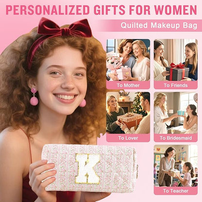 Personalized Quilted Cosmetic Bag, Puffy Monogrammed Christmas Birthday Gifts for Women & Girls, Cute initial Floral Makeup Bag Puffer Coquette Bag, Aesthetic Travel Toiletry Zipper Pouch(Pink,K)