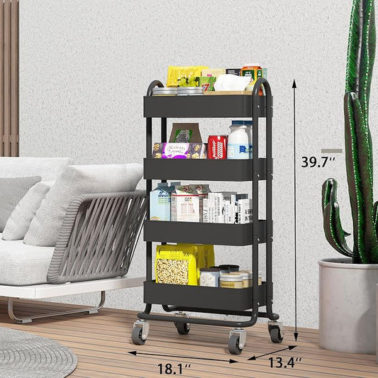 4-Tier Metal Rolling Cart with Wheels,4 Tier Utility Cart with Wheels for Office,Home,Kitchen,Garden（13.4"x18.1"x40"） Black