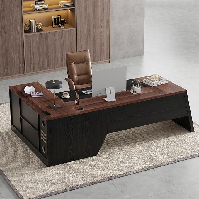 L-Shaped Executive Desk with Drawer, 78-Inch Large Home Office Desk with Cord Hold and Power Outlet, Modern Computer Table with Lateral File Cabinet,Open Shelf and PC Stand, Walnut Brown Black