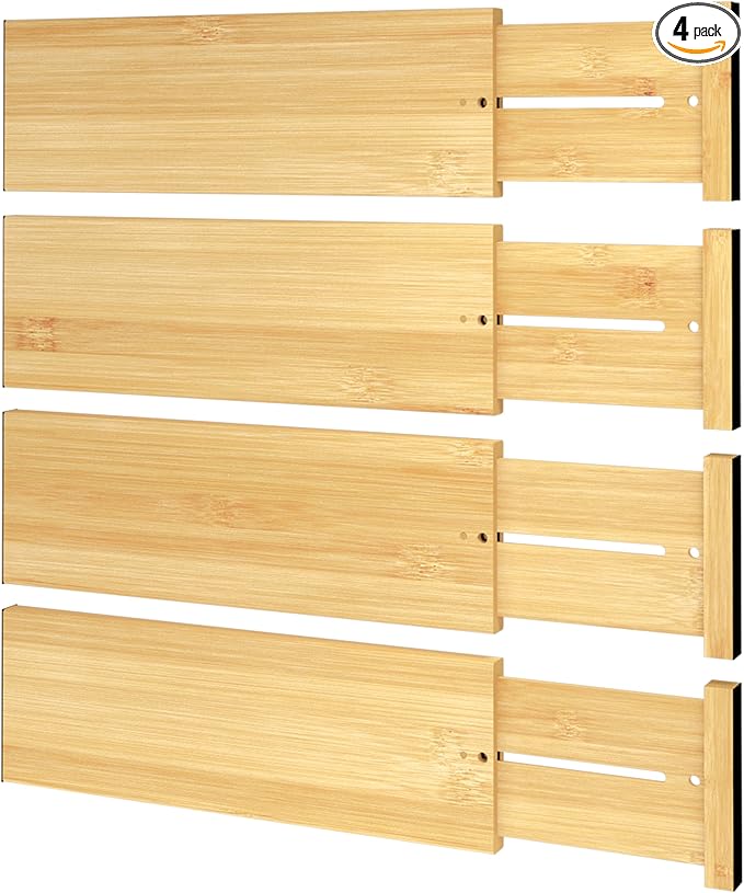 BAMEOS Bamboo Expandable Drawer Dividers – Fits 12.2"–17" Drawers, 4" Extra Deep Walls, Set of 4 | Tall Spring-Loaded Separator for Baby Dresser, Sock Drawer & Bathroom Cabinet