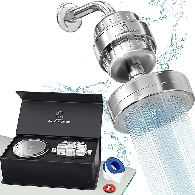 AquaHomeGroup High Pressure Filtered Shower Head with 20+3 Stage Shower Filter | 1.8 GPM California Compliant | Reduces Chlorine - Softer Skin & Hair