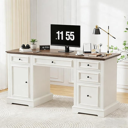 Vipbear 60" Farmhouse Executive Desk with Drawers and Cabinet, Embossed Texture Wood Home Office Desk, Rustic Computer Writing Desk, Workspace for Work Study Writing, White