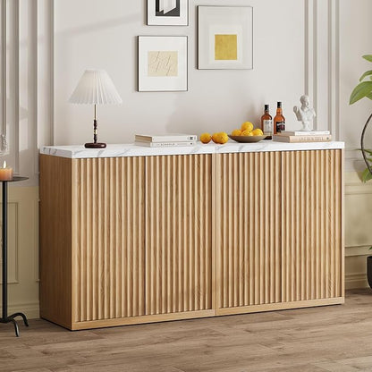 31” Sideboard Cabinet with Storage, Fluted Accent Cabinet with Adjustable Shelves, Modern Wood Credenza Cabinets with Pop-up Doors for Entryway Kitchen Living Room Hallway, Faux Marble Top 2pcs
