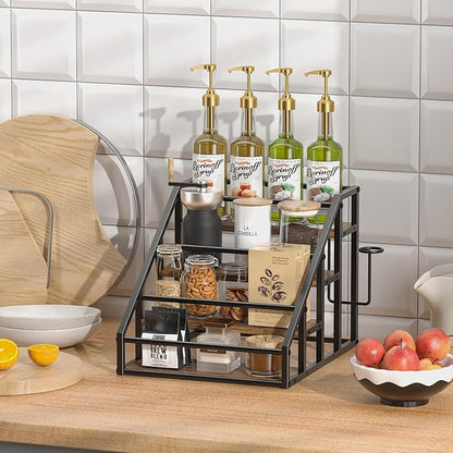 Coffee Syrup Rack Organizer, 4 Tier Countertop Storage Shelves, Kitchen Storage, 16 Syrup Bottle Stand Holder for Wine, Liquor, Kitchen Coffee Station Organizer Rack, 13.8"x16.9"x13.0", Rustic Brown