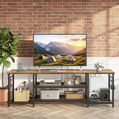 YGEOMER TV Stand for Up to 75 Inch TVs, Entertainment Center with Power Outlet and Open Storage Shelves, TV Media Console Table for Living Room and Bedroom, Rustic Brown