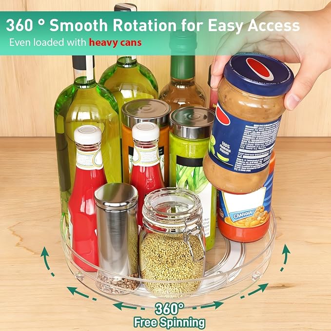 Optish 4 Pack 9.5" Lazy Susan Organizer, Lazy Susan Turntable for Cabinet, Spice Organization for Cabinet, Refrigerator, Pantry, Closet, Countertop, Non-Skid Turntable Organizer, Clear
