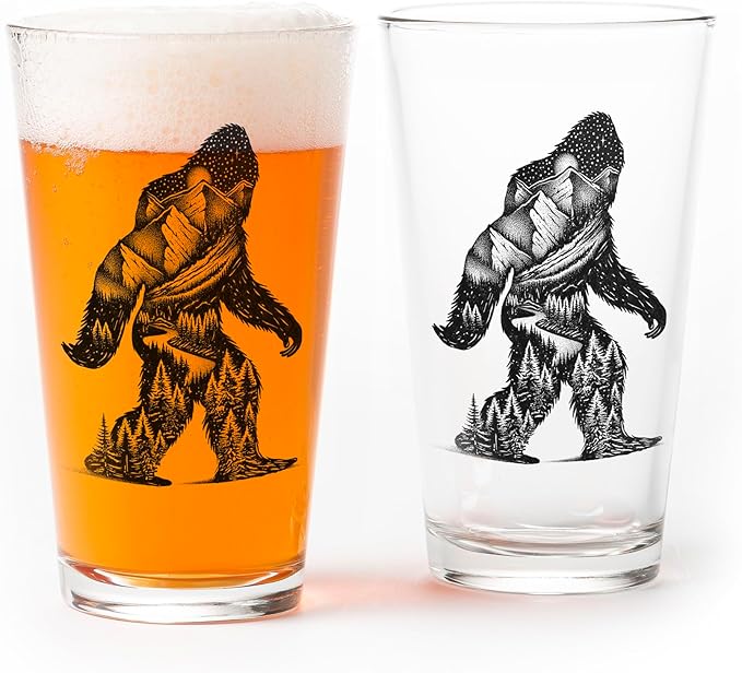 Black Lantern Set of 2 Pint Glasses – Screen Printed Drinking Glasses - 16 oz Highball Water Glasses Cups Sets Beer Glasses Tumblers Bar Glasses for Home and Kitchen (Bigfoot + Mountain Landscape)