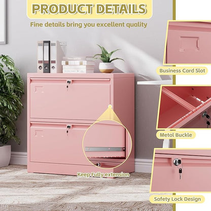 30.24" H Lateral File Cabinet 2 Drawer,Metal Wide Filing Cabinet with 2 Locks and Business Card Slot for Home Office School Hanging Letter/Legal/F4/A4 Size Folders,Required Assembly,Pink