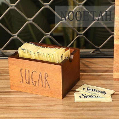Acacia Sugar Packet Caddy for Coffee Bar, Farmhouse Wood Sugar Holder Packets , Sugar Packet Container, Small Tea Bag Organizer for Office Table,Hotel, Restaurant (Brown-Labeled SUGAR)