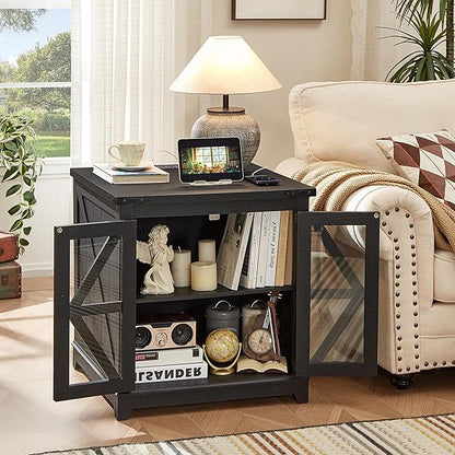 Farmhouse Coffee Table Sets 3 Pieces, Large End Side Tables with Charging Station and Coffee Table with Hidden Storage Compartment, Black Living Room Table Set, Wood Furniture Sets for Home Office