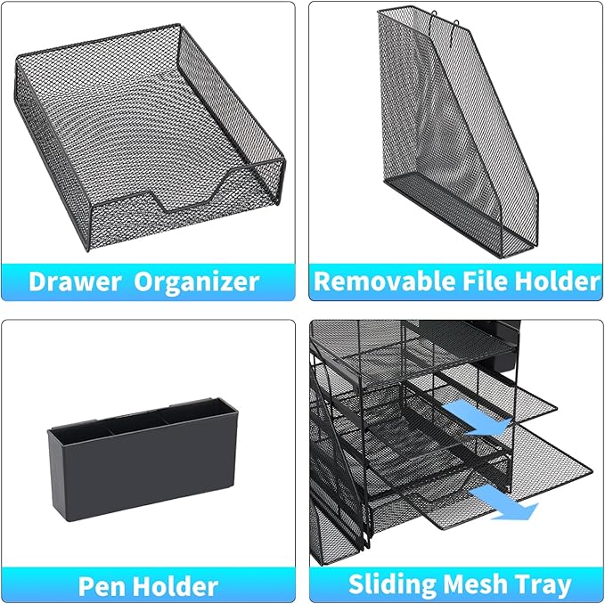 Desk Organizers and Accessories, 5-Tier Paper Letter Tray Organizer with File Holder, Drawer & Pen Holder, Office Desk Accessories, Desktop Organizer for Classroom Office Supplies, Black