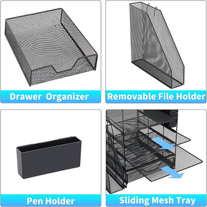 Desk Organizers and Accessories, 5-Tier Paper Letter Tray Organizer with File Holder, Drawer & Pen Holder, Office Desk Accessories, Desktop Organizer for Classroom Office Supplies, Black