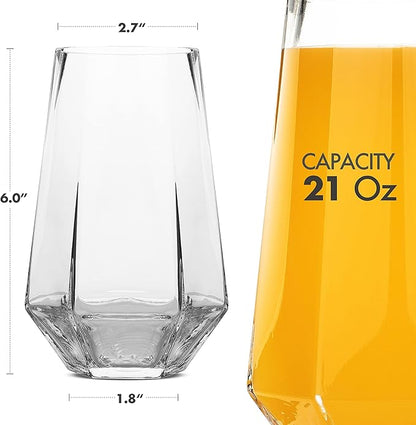 Large Beer Mugs, Hexagon Glass 4 Piece Set, Drinking Mug Bulk for Beer, Soda, Ice Coffee, Smoothies, Cocktails