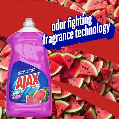 Ajax Ultra Liquid Dish Soap with Fabuloso Watermelon Scent, Fights Grease and Stuck-On Stains, Deep Cleaning Action, Mess-Free, Easy-Flip Cap, 52 fl oz Bottle