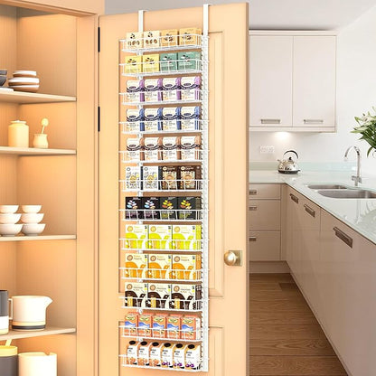 Churboro Over the Door Pantry Organizer Rack with 12 Adjustable Baskets, 12 Tiers Dual-use Spice Rack- Hanging or Wall Mount Spice Rack, Pantry Door Organizer, White