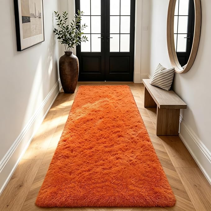 Shag Runner Rug for Bedroom Living Room 3x7 Upgrade Non-Slip Fluffy Soft Bedside Rugs,Orange Shaggy Carpet for Livingroom Dorm Home Decor Aesthetic