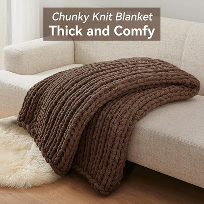 Negwoo Chunky Knit Throw Blanket, 80''*90'' Knitted Throw Chenille Yarn for Bed Couch, Handmade Dark Brown Crochet Big Thick Blanket, Machine Washable Cute Comfy Blanket for Home Decor
