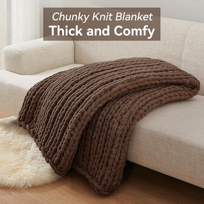 Negwoo Chunky Knit Throw Blanket, 60''*80'' Knitted Throw Chenille Yarn for Bed Couch, Handmade Dark Brown Crochet Big Thick Blanket, Machine Washable Cute Comfy Blanket for Home Decor