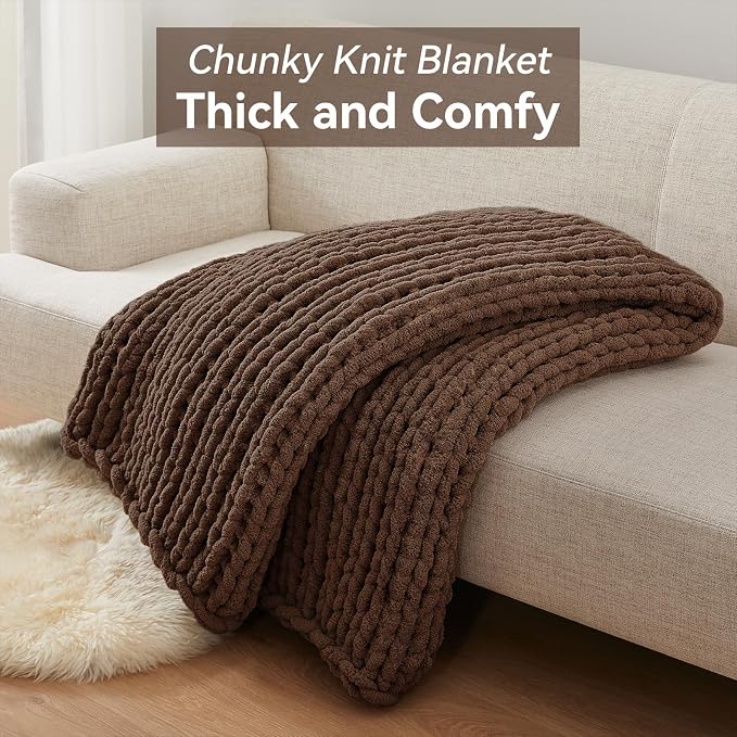 Negwoo Chunky Knit Throw Blanket, 30''*40'' Knitted Throw Chenille Yarn for Bed Couch, Handmade Dark Brown Crochet Big Thick Blanket, Machine Washable Cute Comfy Blanket for Home Decor