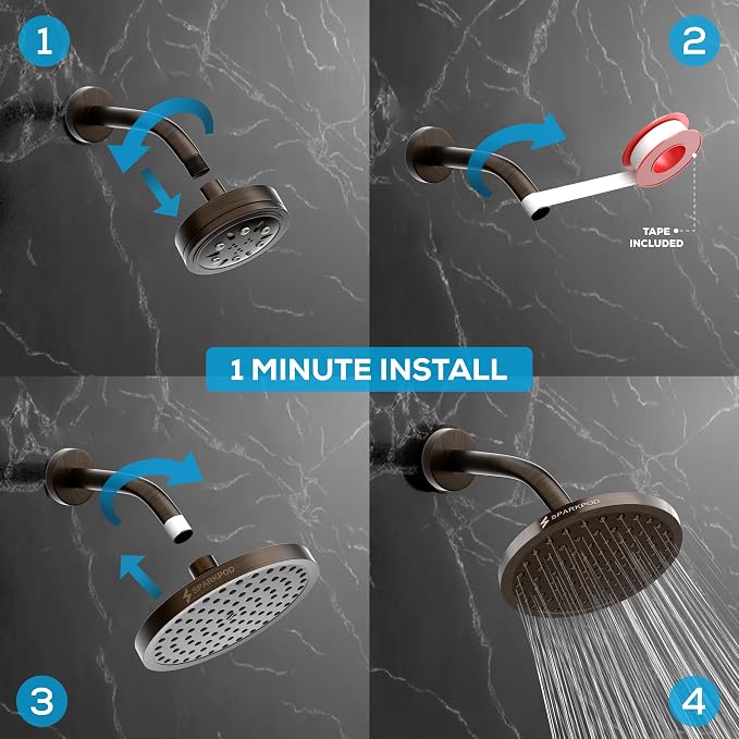 SparkPod Rain Shower Head, 8 Inch Round | High Pressure Shower Heads, 90 Nozzle (Touch-to-Clean), Adjustable Showerhead, No-tool Universal Connection