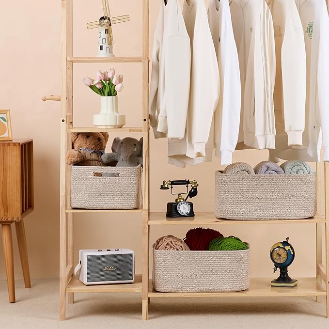 MiniArk Large Storage Baskets for Shelves, Closet Organizers Bins for Clothes Blanket Towels, Baby Nursery, Toy Baskets Box, Woven Rope Baskets, 17 x 13 x 7.5”, 2 Packs Mixed Brown
