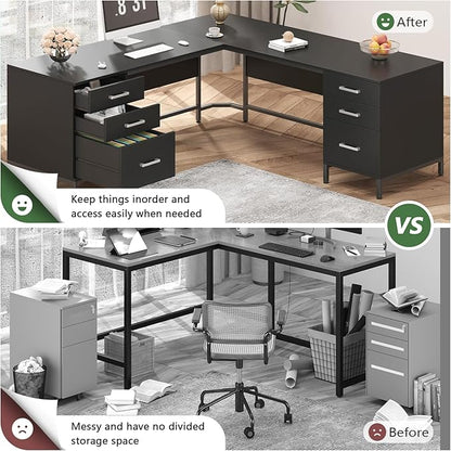 TVU 59’‘ L Shaped Desk with 6 Wood Drawers, Large Home Office Corner Computer Desk with Storage File Cabinet, Modern Metal Wood Desk for Executive Writing Study Workstation, Black