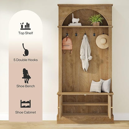 Tribesigns Hall Tree with Bench and Shoe Storage, 4-in-1 Design Entryway Bench with Coat Rack, 70.86" Tall Mudroom Rack with 5 Double Hooks and Adjustable Shelf for Hallway (Brown)
