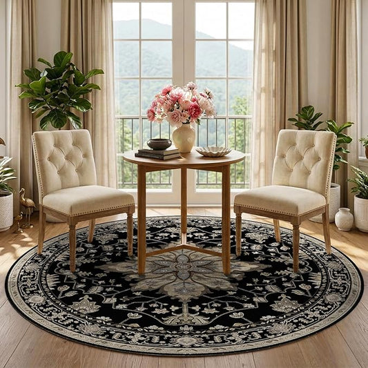 RELEANY Area Rugs Round 5ft Washable Non-Slip, Floral Vintage Distress Medallion Carpet for Living Room Bedroom Dining Room, Black Brown Neutral Dark Tan