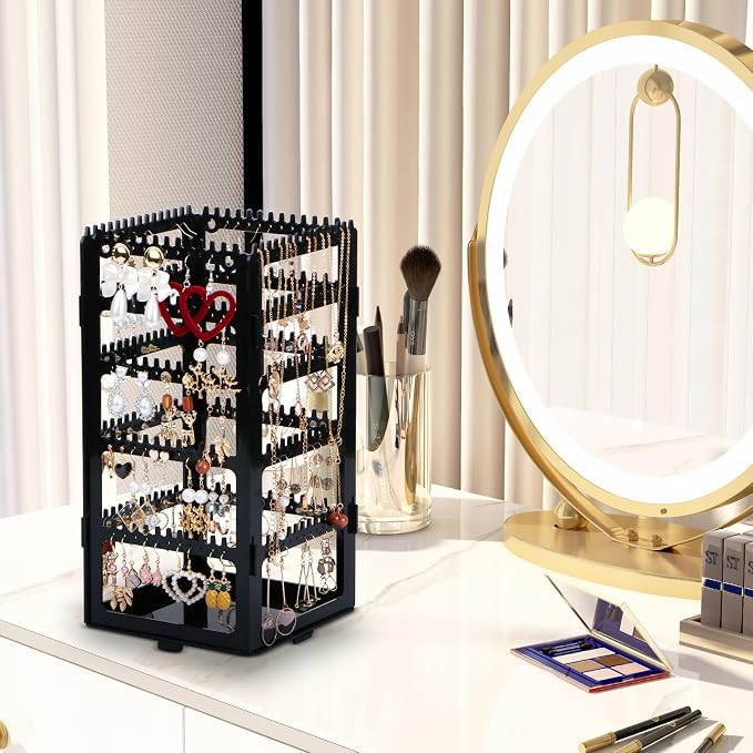 17Dec 360 Rotating Earring Holder Organizer Stand,5 Tiers Acrylic Jewelry Organizers and Storage,Stud Earring Organizers and Storage,212 Holes and 212 Grooves for Earrings Necklaces chain bracelet