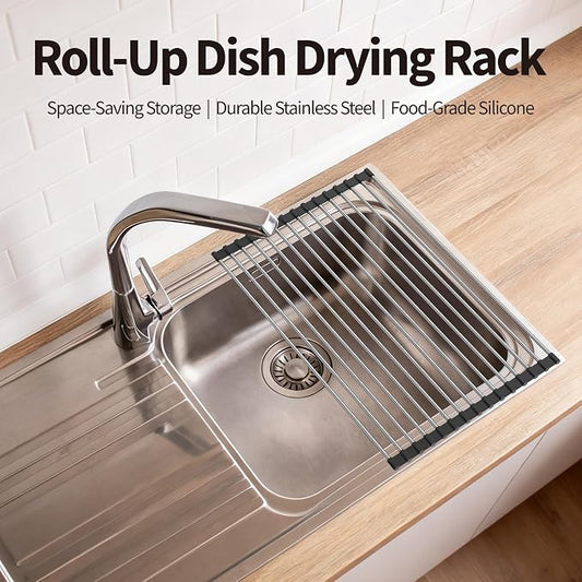 Roll Up Dish Drying Rack for Over Sink -17.5"x11.8" Foldable Stainless Steel Kitchen Drainer, Black