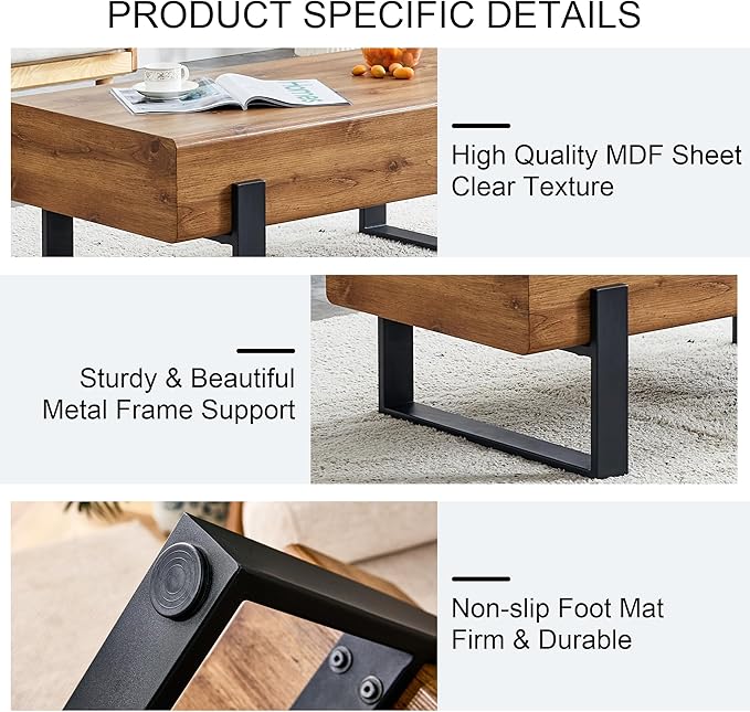 LKTART 47.24'' Modern Rectangle Coffee Table Black Metal Legs for Living Room Dining Room Bedroom Office