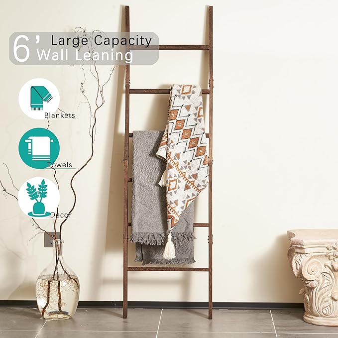 Blanket Ladder for the Living Room 6-Tier, Wooden Decorative Quilt Holder for Bed room, Wall-Leaning Towel Rack for Bathroom，Rustic Farmhouse Ladders for Display. (Dark Brown)