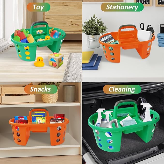 Large Shower Caddy Portable 2PC - Made in USA Plastic Jumbo Size Dorm Storage Candy Tote with Handle Shower Organizer for Bathroom, Pantry, Kitchen, College Dorm, Green/Orange