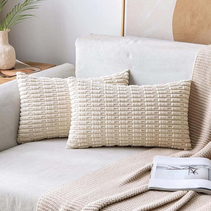 MIULEE Pack of 2 Corduroy Decorative Lumbar Throw Pillow Covers 24x12 Inch Soft Boho Striped Pillow Covers Modern Farmhouse Home Decor for Sofa Living Room Couch Bed Cream White