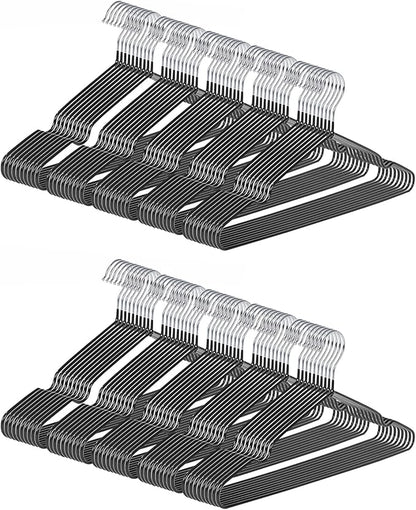 Ultra-Thin Metal Hangers, 100 Pack Non-Slip PVC Coated Space Saving Clothes Hangers for Closet, 16 inch Wide for Suits, Dresses, Jackets（Black）
