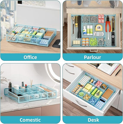Marbrasse Expandable Desk Drawer Organizer, Mesh Drawer Organizer Tray with 10 Adjustable Compartments, Desk Organizers and Accessories for Office Supplies, Makeup & Vanity (Expandable-Blue)